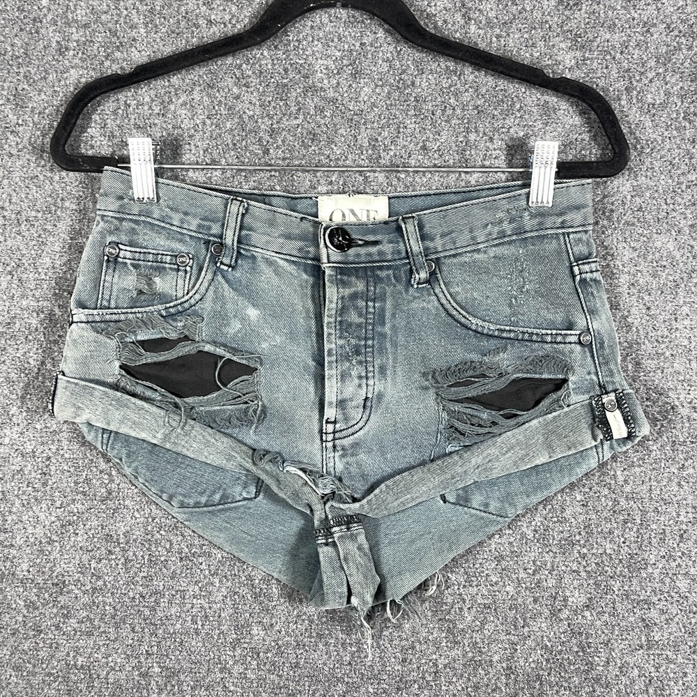 One Teaspoon Bandits Low Waist Denim Shorts Relaxed Fit Gray Distressed Size 25